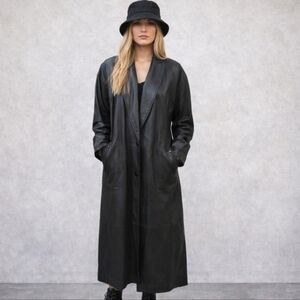 Black leather vtg maxi trench coat tapered matrix style chic leather coat sz S